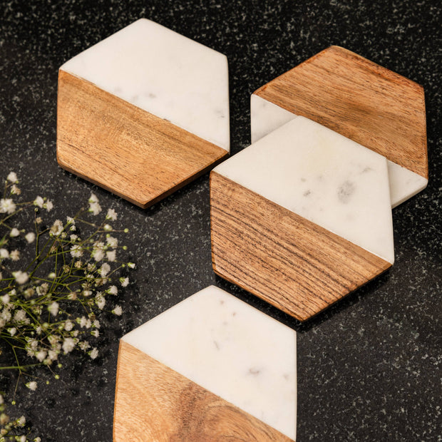 Artisan Marble and Wood Hexagon Coaster Set of 4 - White