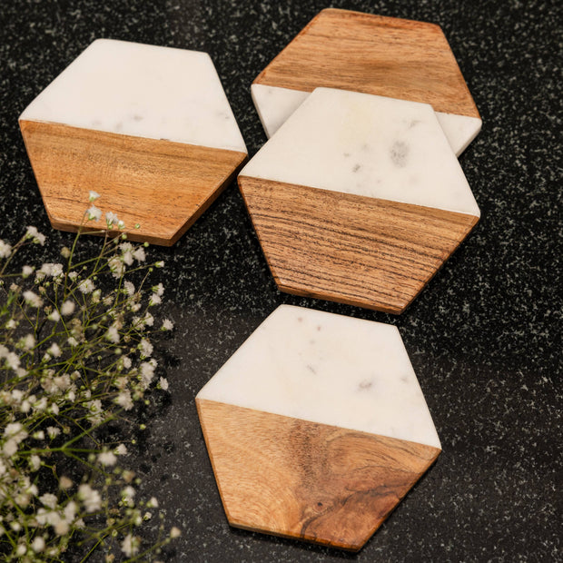 Artisan Marble and Wood Hexagon Coaster Set of 4 - White