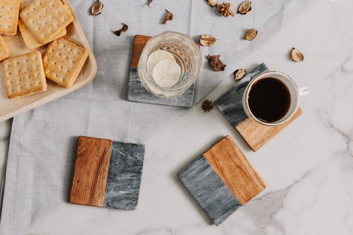 Artisan Marble and Wood Square Coaster Set (4-Piece) - Black Marble & Acacia