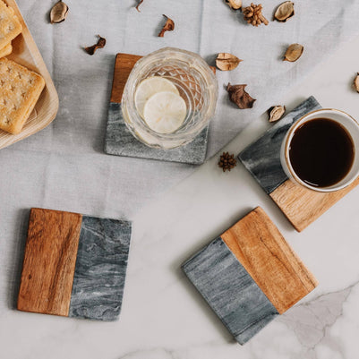 Artisan Marble and Wood Square Coaster Set (4-Piece) - Black Marble & Acacia