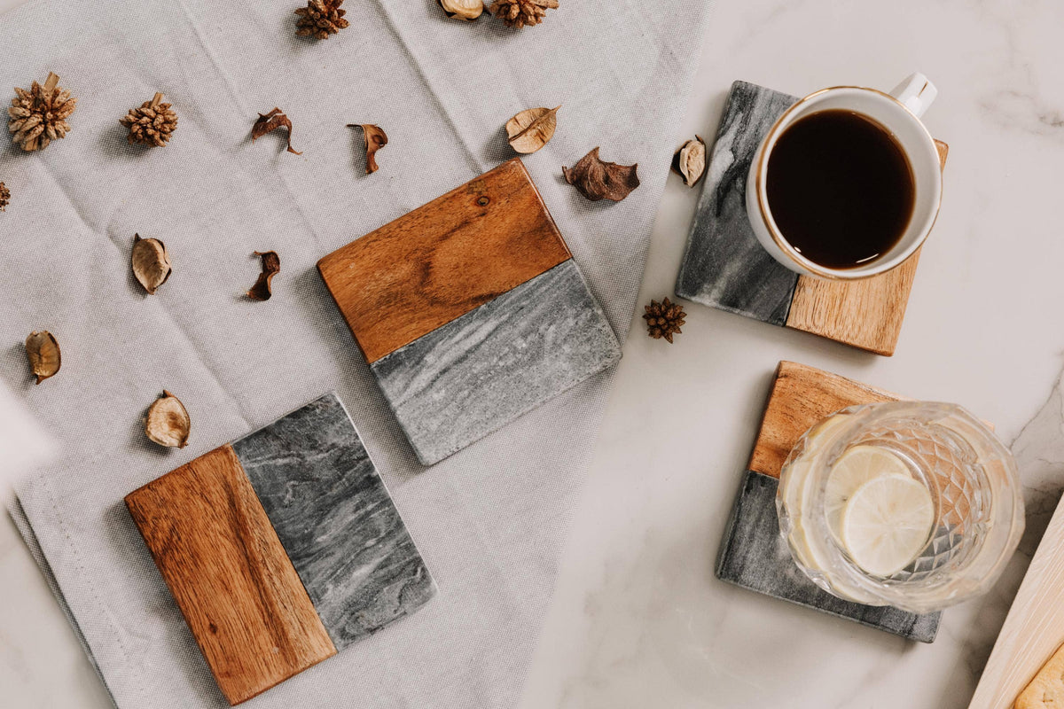 Artisan Marble and Wood Square Coaster Set (4-Piece) - Black Marble & Acacia