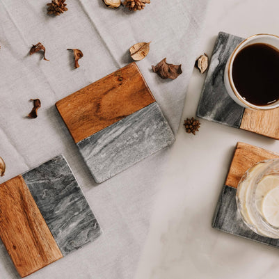 Artisan Marble and Wood Square Coaster Set (4-Piece) - Black Marble & Acacia