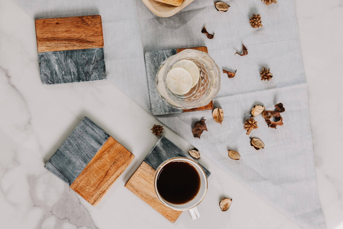 Artisan Marble and Wood Square Coaster Set (4-Piece) - Black Marble & Acacia