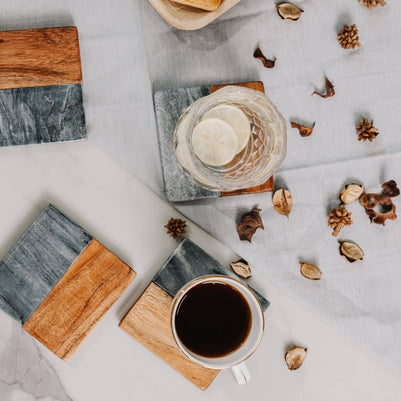 Artisan Marble and Wood Square Coaster Set (4-Piece) - Black Marble & Acacia
