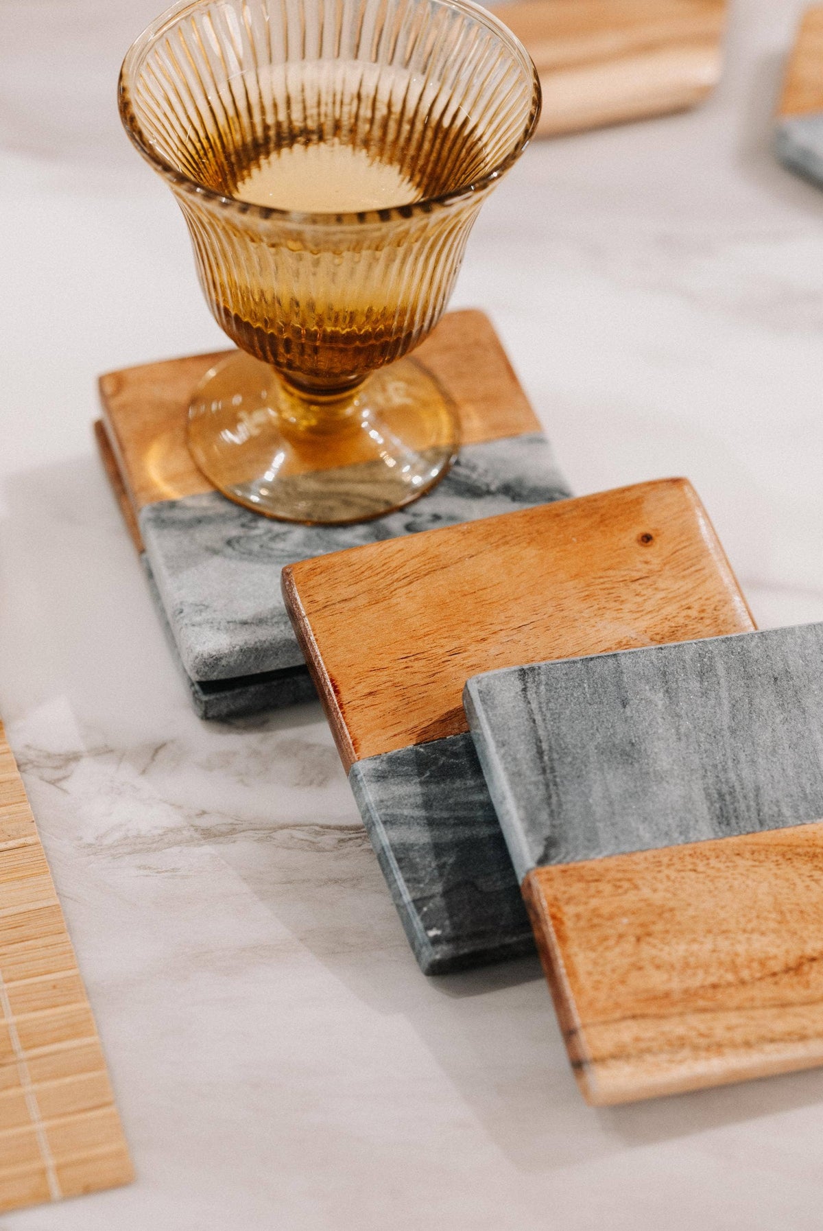 Artisan Marble and Wood Square Coaster Set (4-Piece) - Black Marble & Acacia