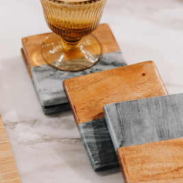 Artisan Marble and Wood Square Coaster Set (4-Piece) - Black Marble & Acacia