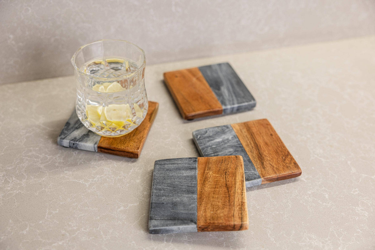 Artisan Marble and Wood Square Coaster Set (4-Piece) - Black Marble & Acacia