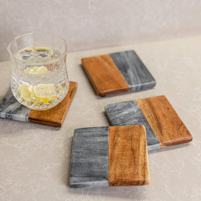 Artisan Marble and Wood Square Coaster Set (4-Piece) - Black Marble & Acacia