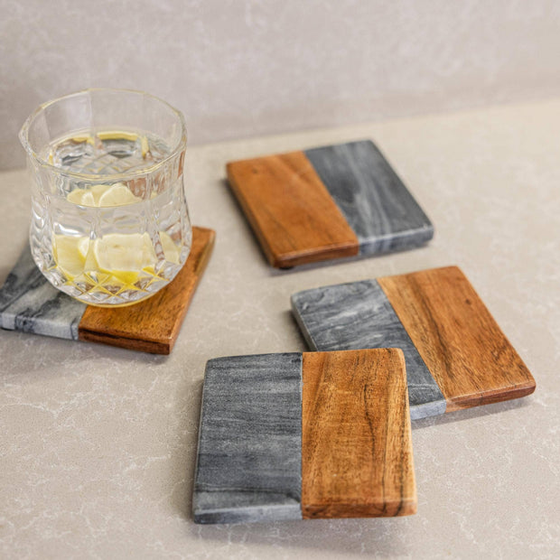 Artisan Marble and Wood Square Coaster Set of 4 - Black