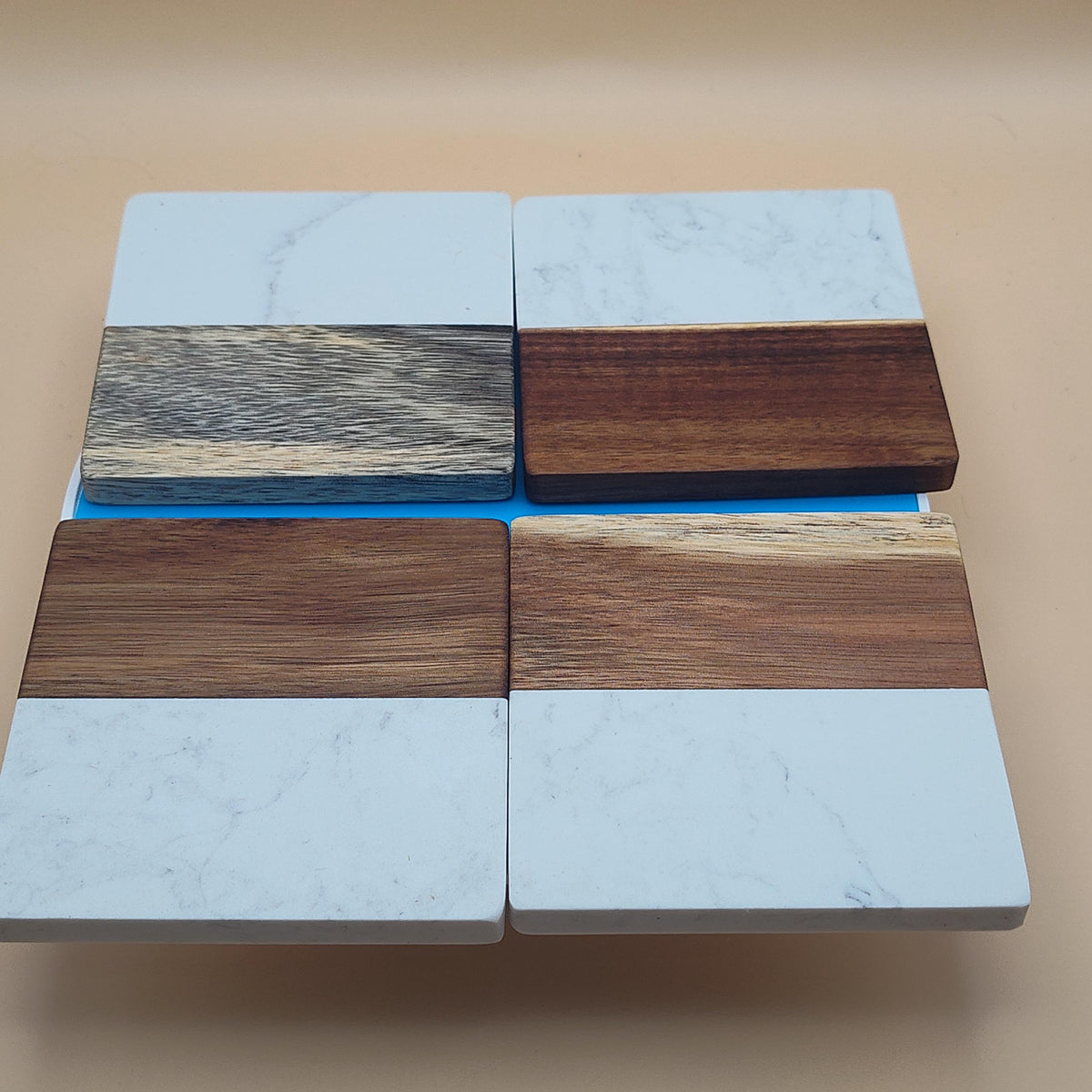 Personalized Marble and Wood Coasters Set of 4, Custom Engraved Acacia Wood Coaster, Housewarming Gift, Monogrammed Wedding Drink Mats
