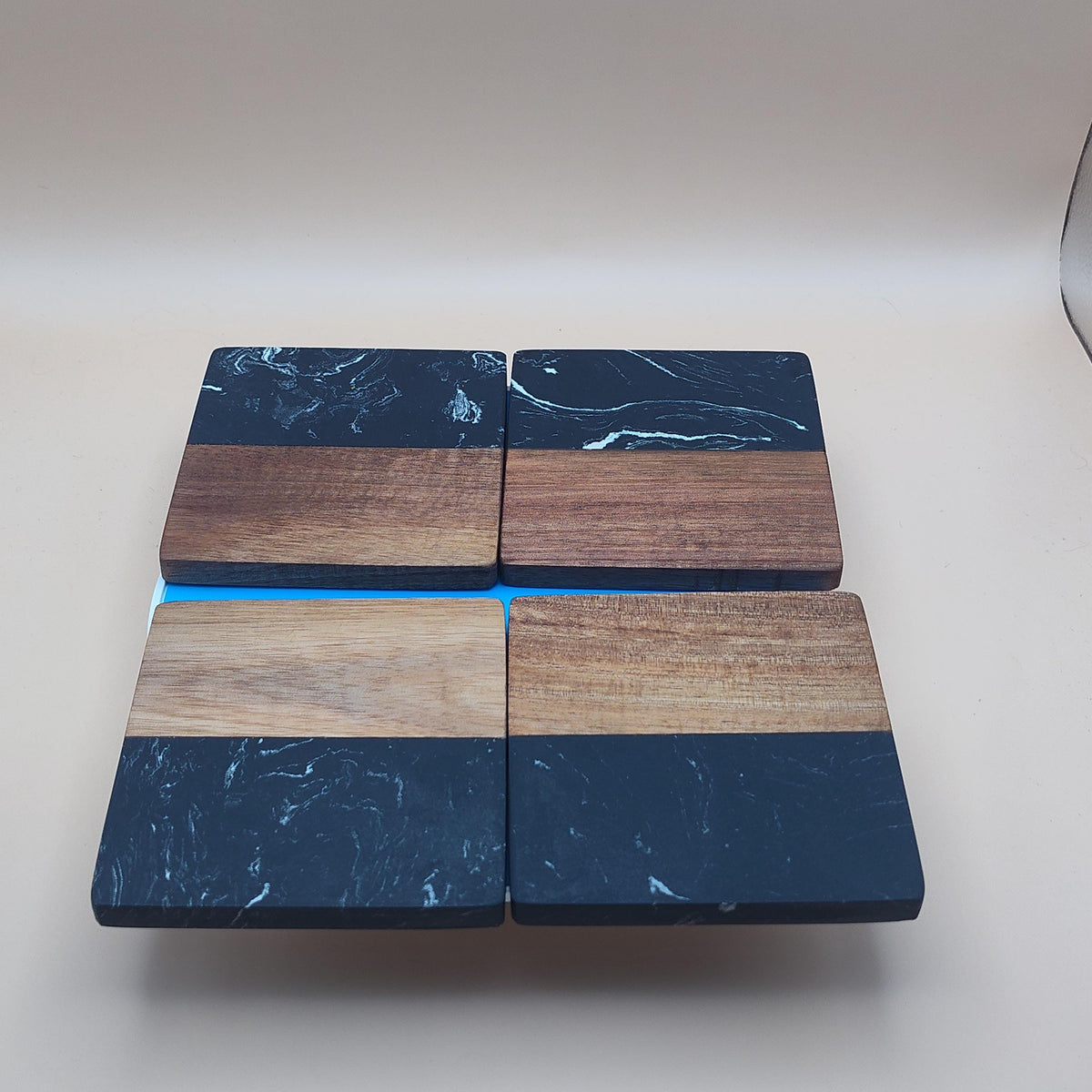 Personalized Marble and Wood Coasters Set of 4, Custom Engraved Acacia Wood Coaster, Housewarming Gift, Monogrammed Wedding Drink Mats
