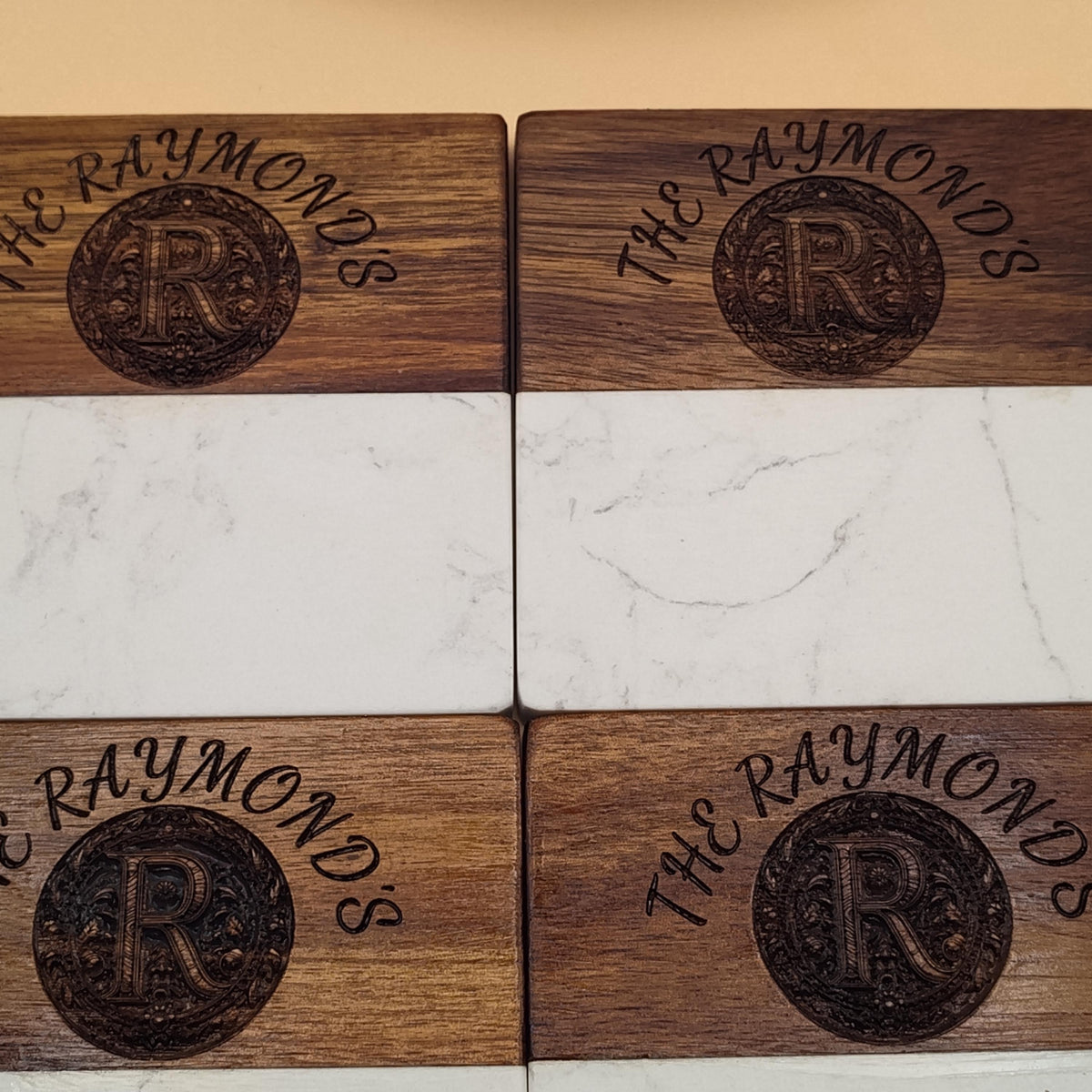 Personalized Marble and Wood Coasters Set of 4, Custom Engraved Acacia Wood Coaster, Housewarming Gift, Monogrammed Wedding Drink Mats