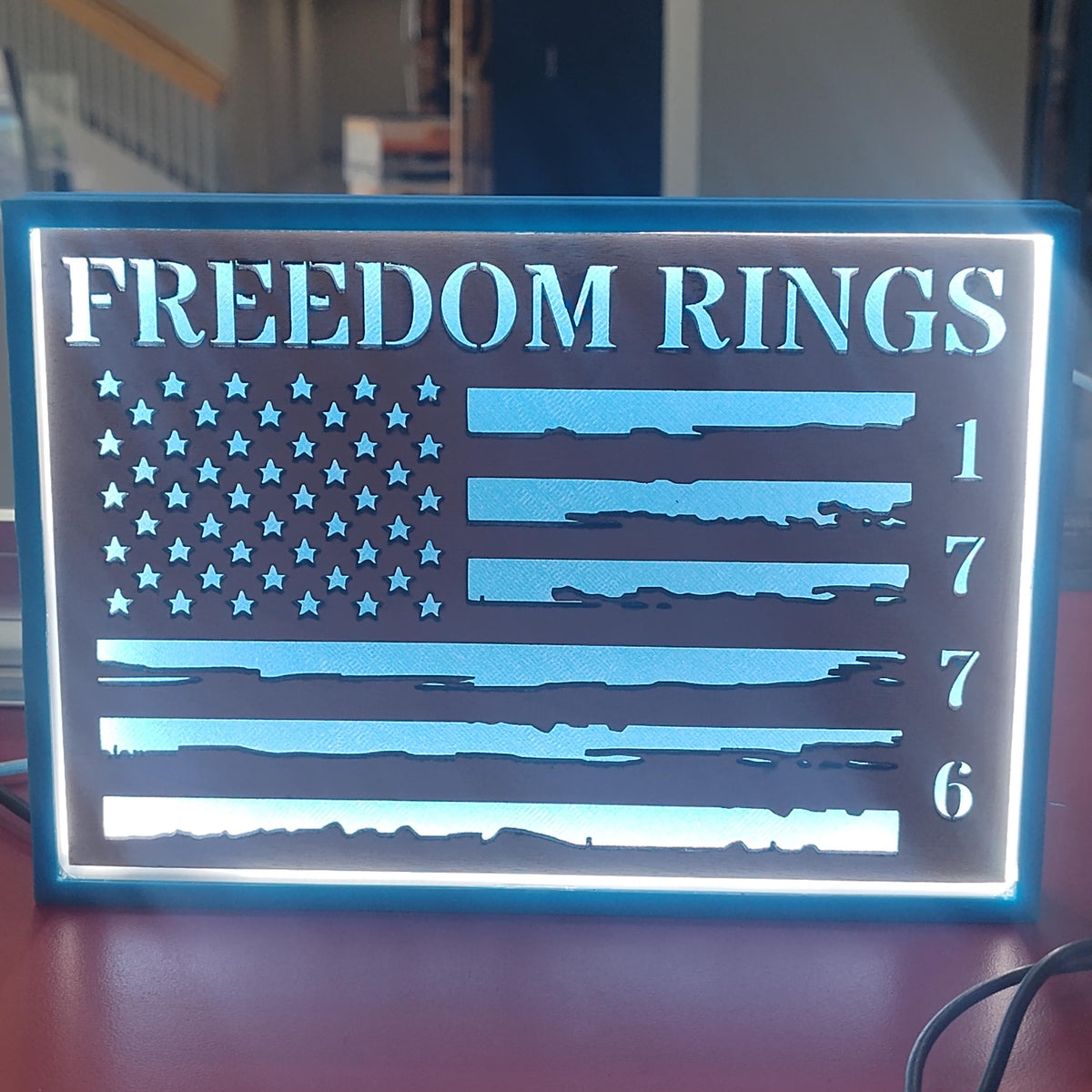 American Flag LED Light Box, Laser Engraved Wood Inlay Freedom Rings Accent Lamp, Personalized Patriotic Veteran Gift, Police Fire EDC Desk