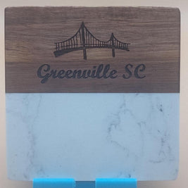 Personalized Marble and Wood Coasters Set of 4, Custom Engraved Acacia Wood Coaster, Housewarming Gift, Monogrammed Wedding Drink Mats