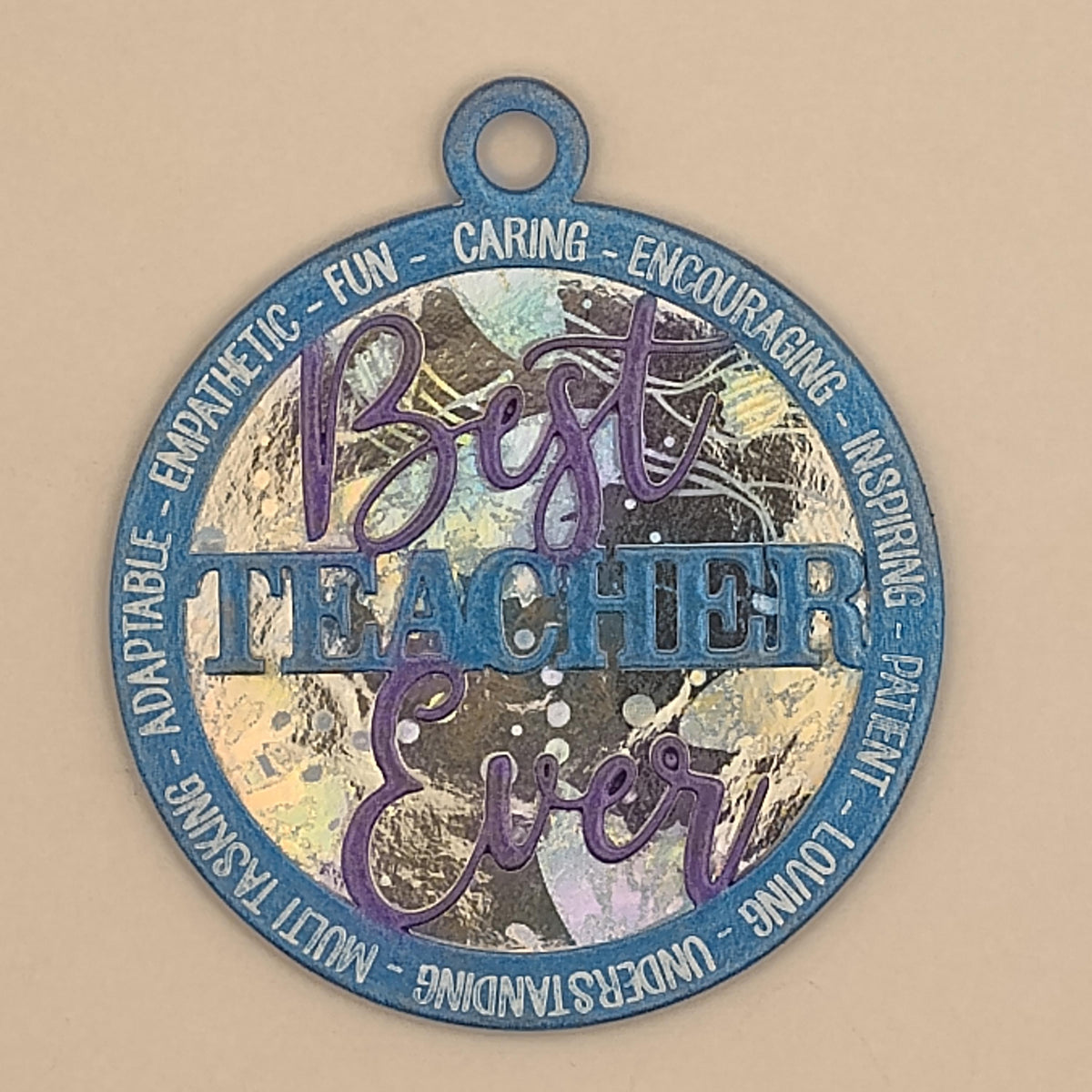 Personalized Teacher Christmas Ornament, Custom Best Teacher Ever Engraved Gift, 3D Laser Cut Wood Shimmering Holographic School Bauble