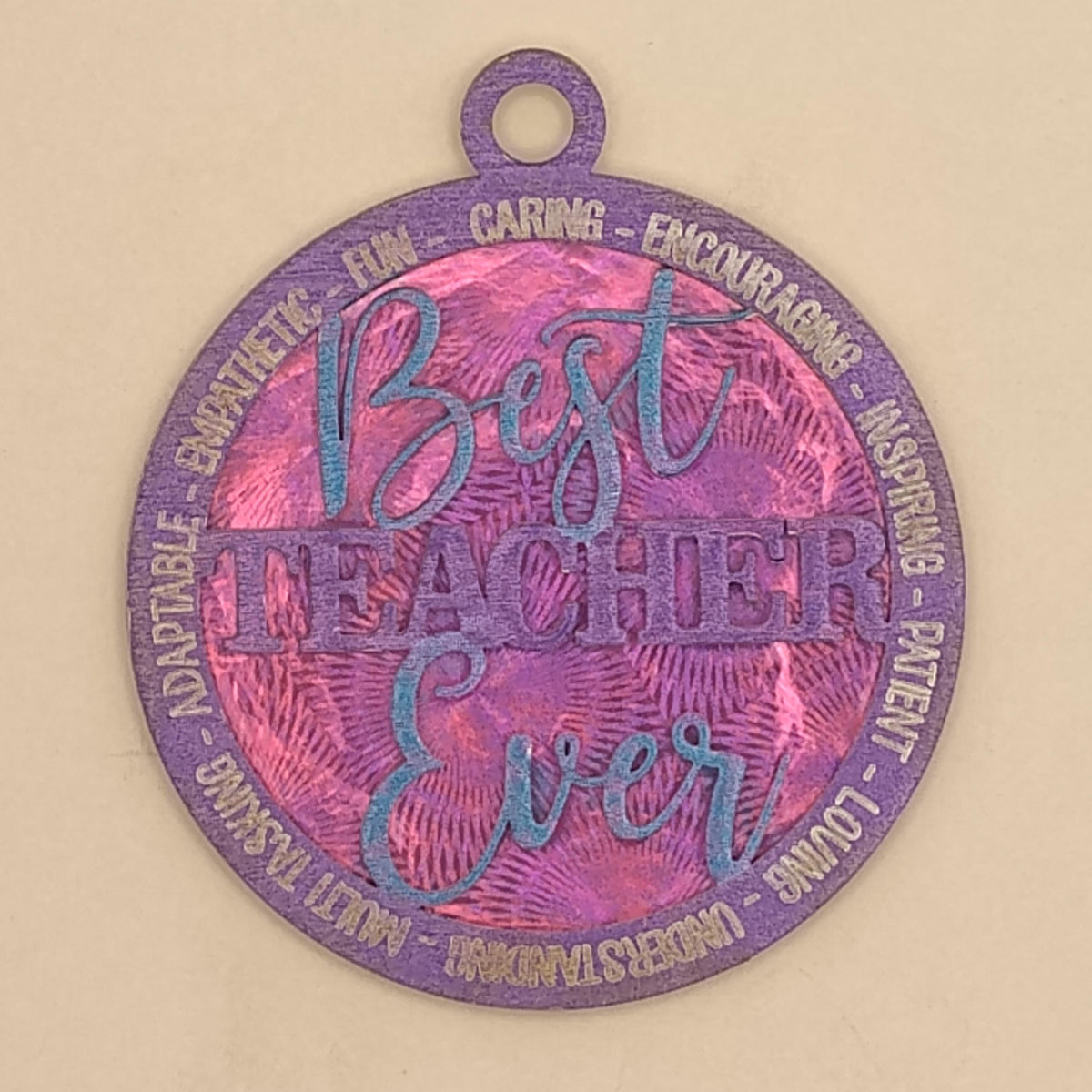 Personalized Teacher Christmas Ornament, Custom Best Teacher Ever Engraved Gift, 3D Laser Cut Wood Shimmering Holographic School Bauble