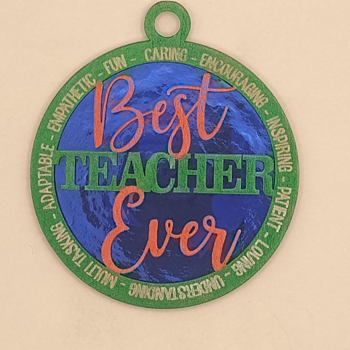 Personalized Teacher Christmas Ornament, Custom Best Teacher Ever Engraved Gift, 3D Laser Cut Wood Shimmering Holographic School Bauble