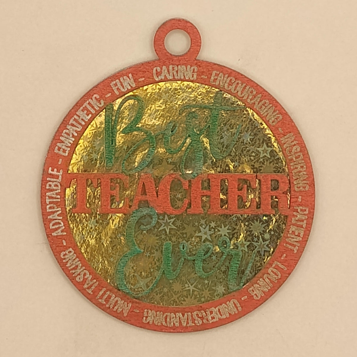 Personalized Teacher Christmas Ornament, Custom Best Teacher Ever Engraved Gift, 3D Laser Cut Wood Shimmering Holographic School Bauble