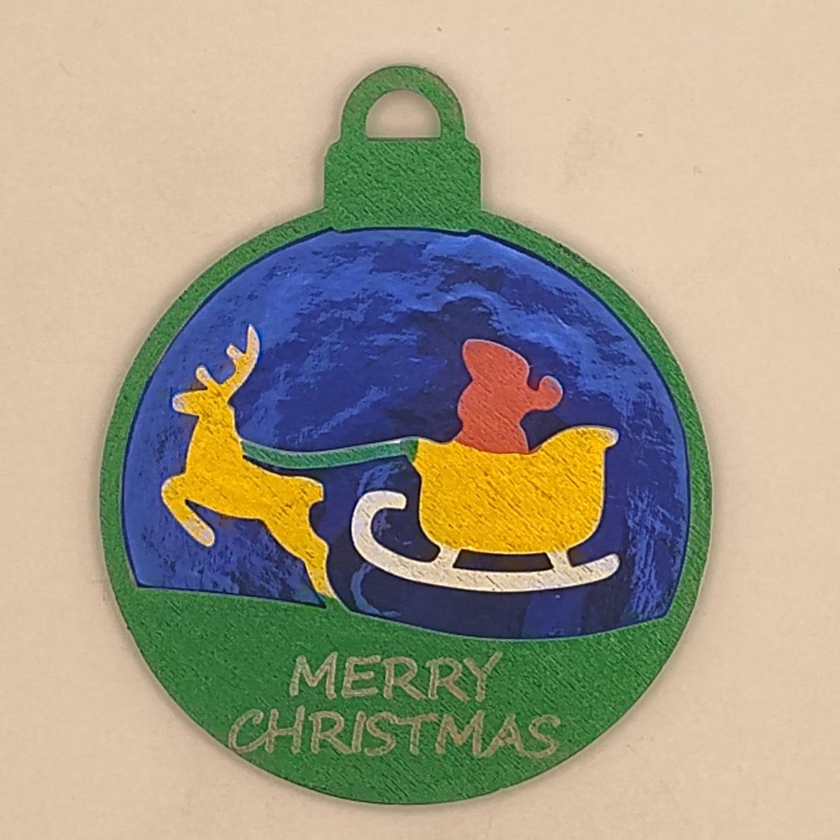 Flying Santa Sleigh Christmas Ornament, Custom Name Laser Cut Wood Reindeer Bauble, Shimmering Holographic Holiday Tree Gift