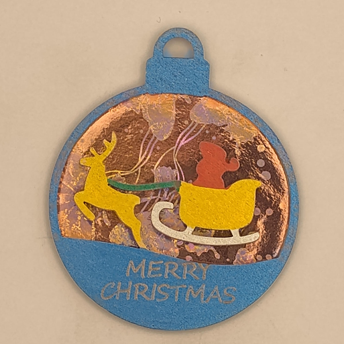 Flying Santa Sleigh Christmas Ornament, Custom Name Laser Cut Wood Reindeer Bauble, Shimmering Holographic Holiday Tree Gift