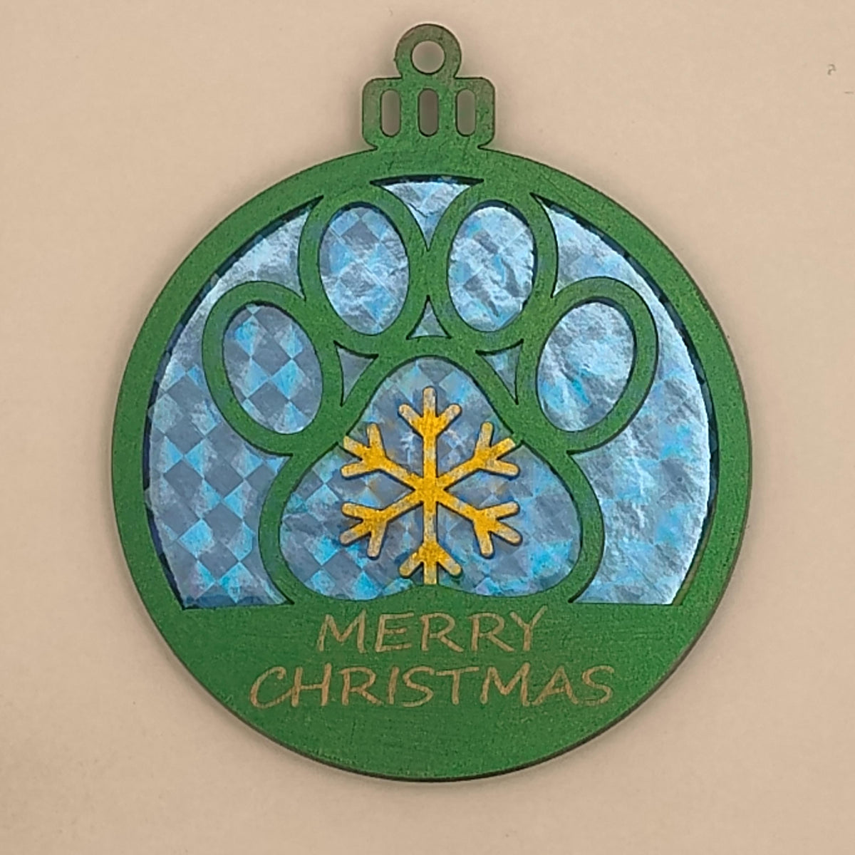 Holographic Pet Paw Print Christmas Ornament, Custom Name Laser Cut Wood Dog Cat Remembrance Bauble, Shimmering Iridescent Holiday Gift