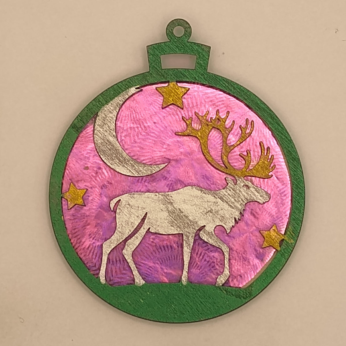 Moose Christmas Ornament with Custom Name, Laser Cut Wood Cabin Winter Scene Bauble, Shimmering Holographic Wildlife Forest Tree Gift