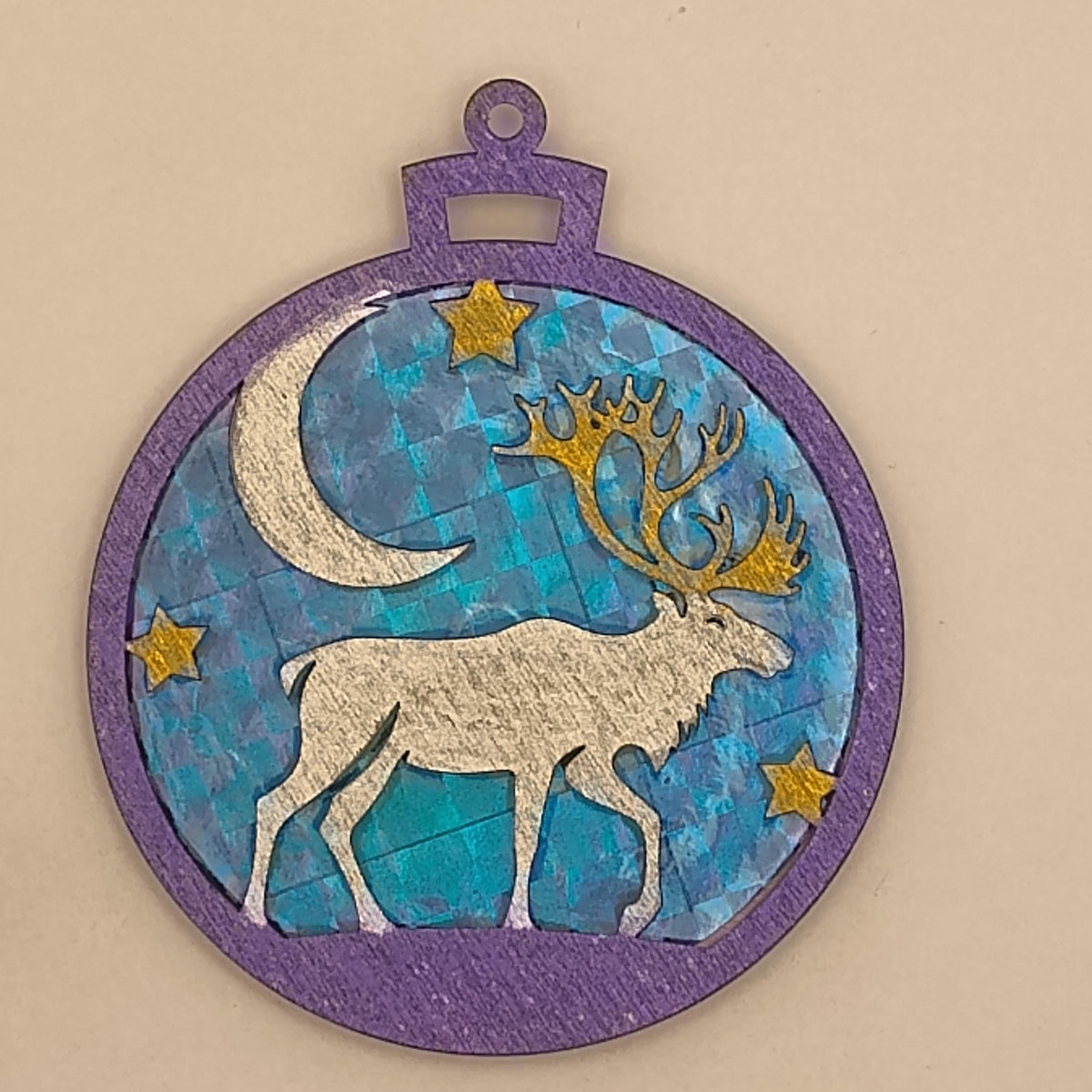 Moose Christmas Ornament with Custom Name, Laser Cut Wood Cabin Winter Scene Bauble, Shimmering Holographic Wildlife Forest Tree Gift