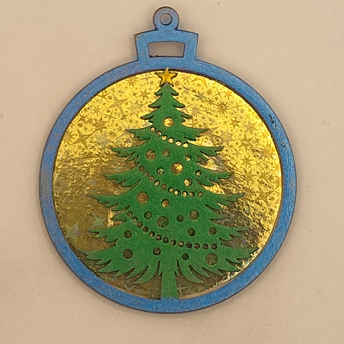 Holographic Christmas Tree Ornament, Multi Layer Laser Cut Wooden Holiday Bauble, Shimmering Geometric Forest Winter Silhouette Gift