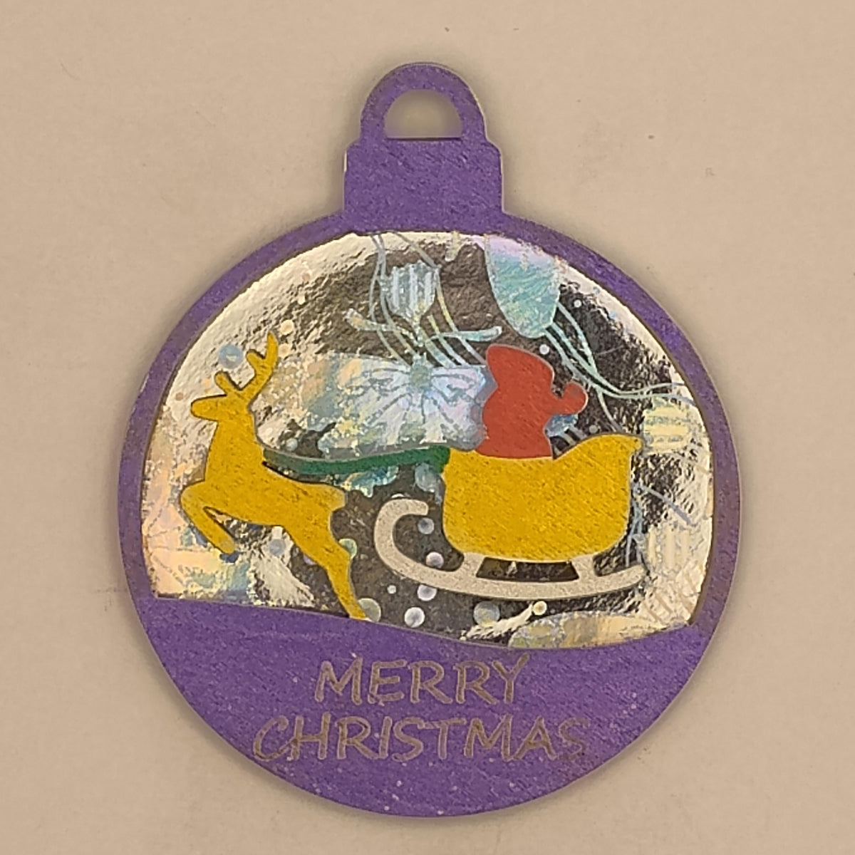 Flying Santa Sleigh Christmas Ornament, Custom Name Laser Cut Wood Reindeer Bauble, Shimmering Holographic Holiday Tree Gift