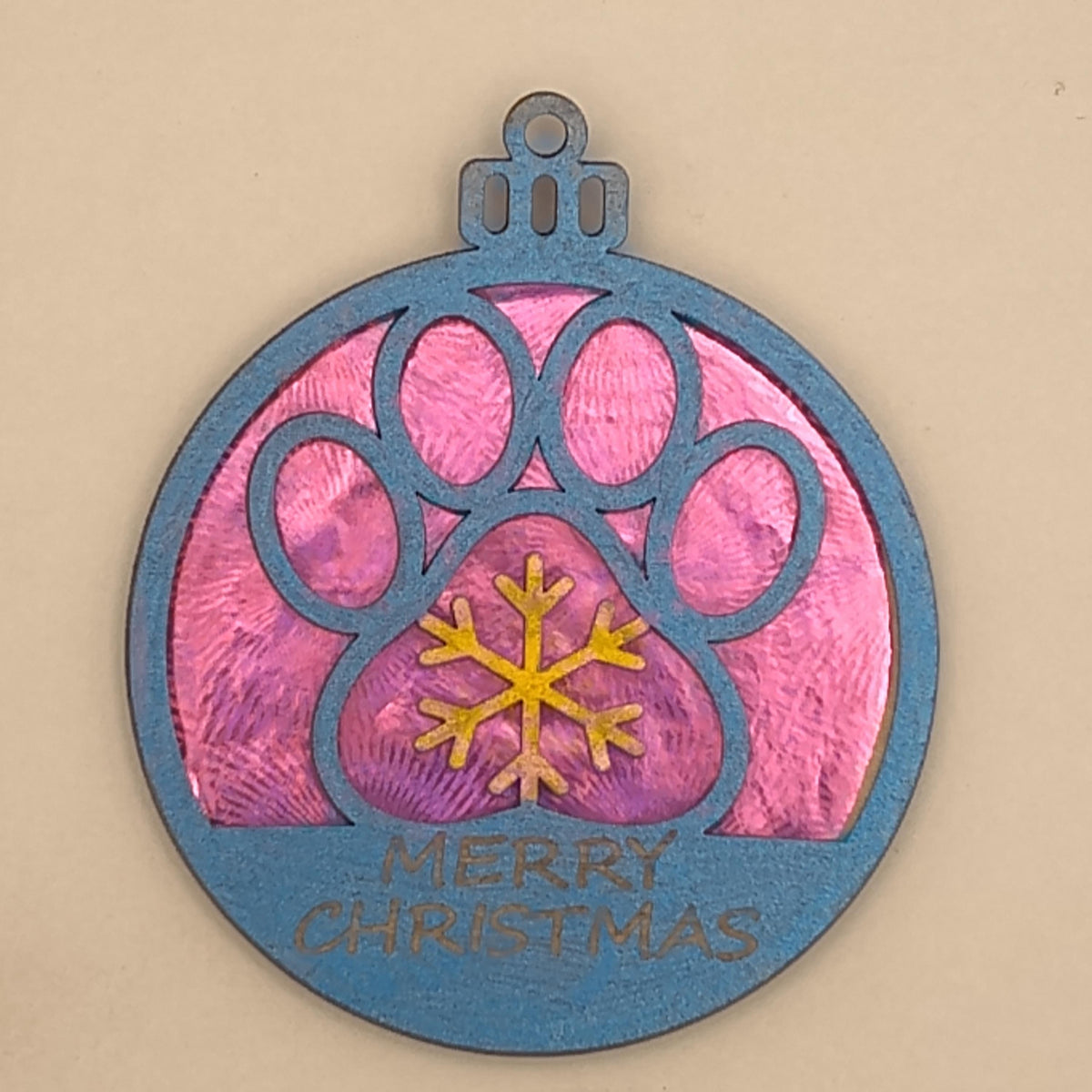 Holographic Pet Paw Print Christmas Ornament, Custom Name Laser Cut Wood Dog Cat Remembrance Bauble, Shimmering Iridescent Holiday Gift