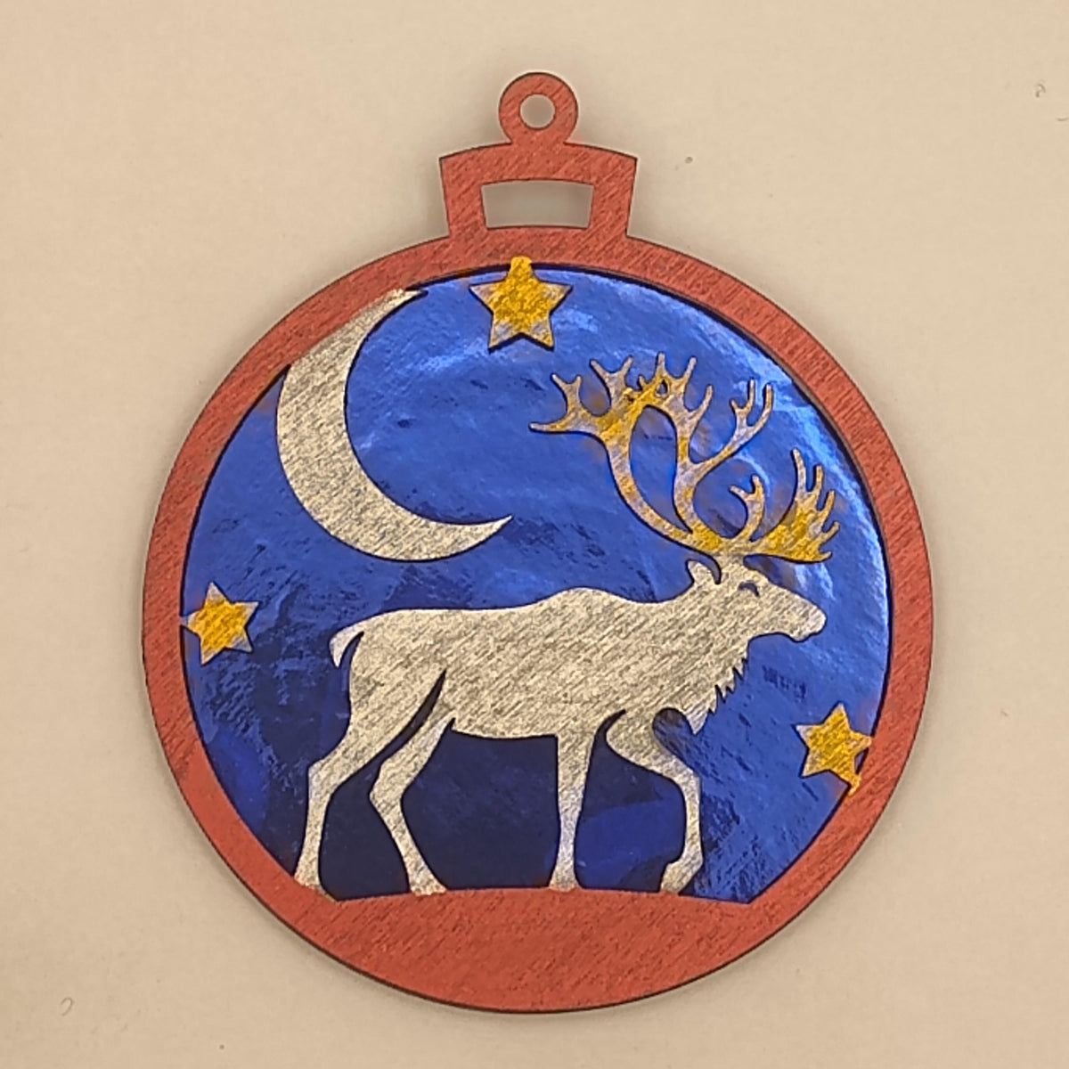 Moose Christmas Ornament with Custom Name, Laser Cut Wood Cabin Winter Scene Bauble, Shimmering Holographic Wildlife Forest Tree Gift