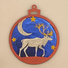 Moose Christmas Ornament with Custom Name, Laser Cut Wood Cabin Winter Scene Bauble, Shimmering Holographic Wildlife Forest Tree Gift
