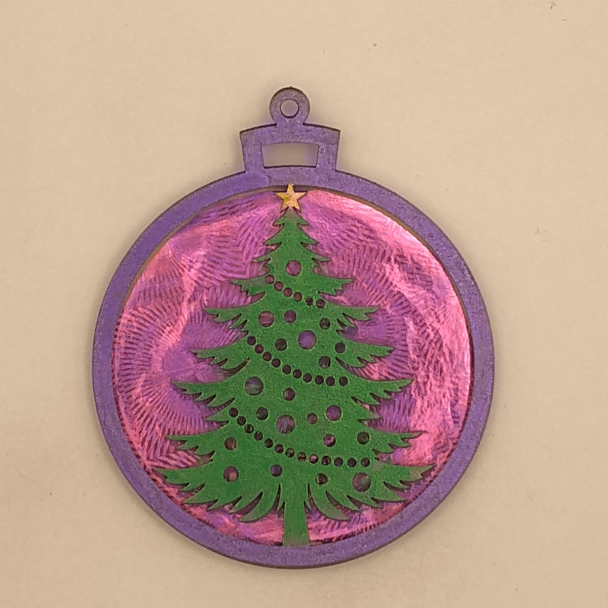 Holographic Christmas Tree Ornament, Multi Layer Laser Cut Wooden Holiday Bauble, Shimmering Geometric Forest Winter Silhouette Gift