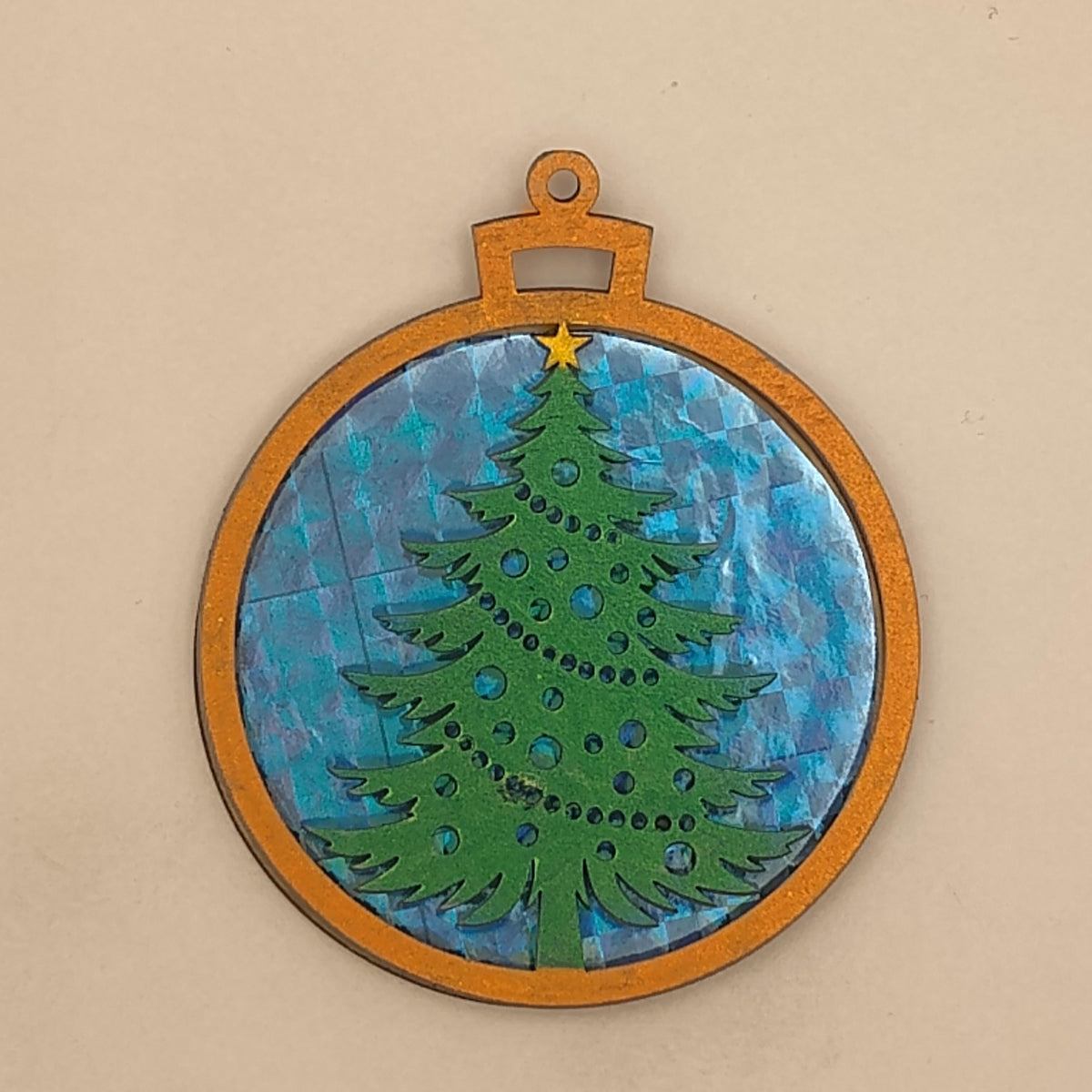 Holographic Christmas Tree Ornament, Multi Layer Laser Cut Wooden Holiday Bauble, Shimmering Geometric Forest Winter Silhouette Gift