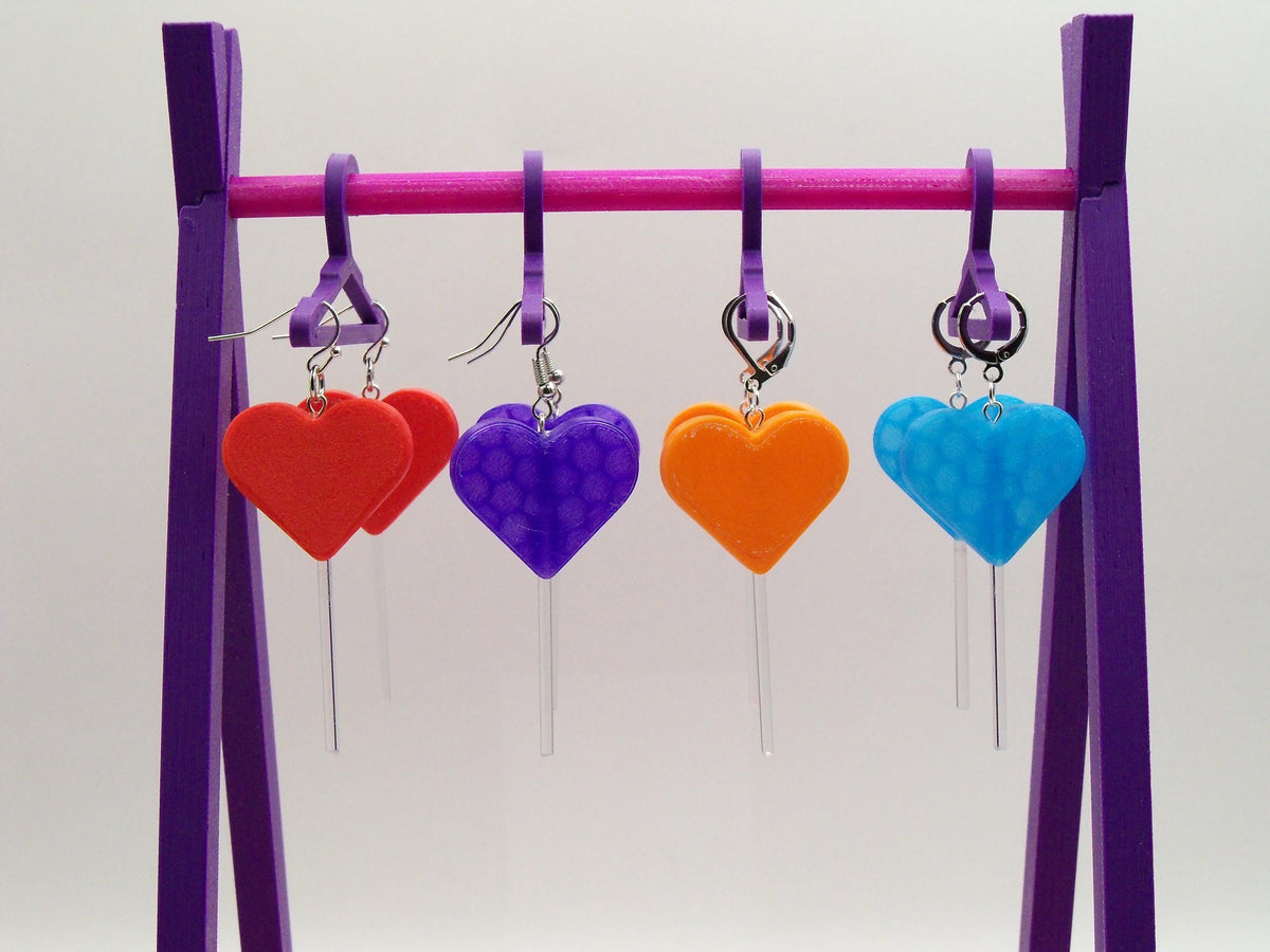 Fun 3D Printed Heart Lollipop Earrings