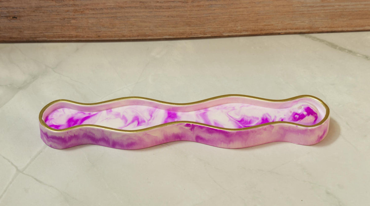 Organic Wavy Eco-resin Incense Stick Burner - Marbled Stone Ash Catcher, Modern Aromatherapy Meditation Deck - The Horizon Wave Incense Dock