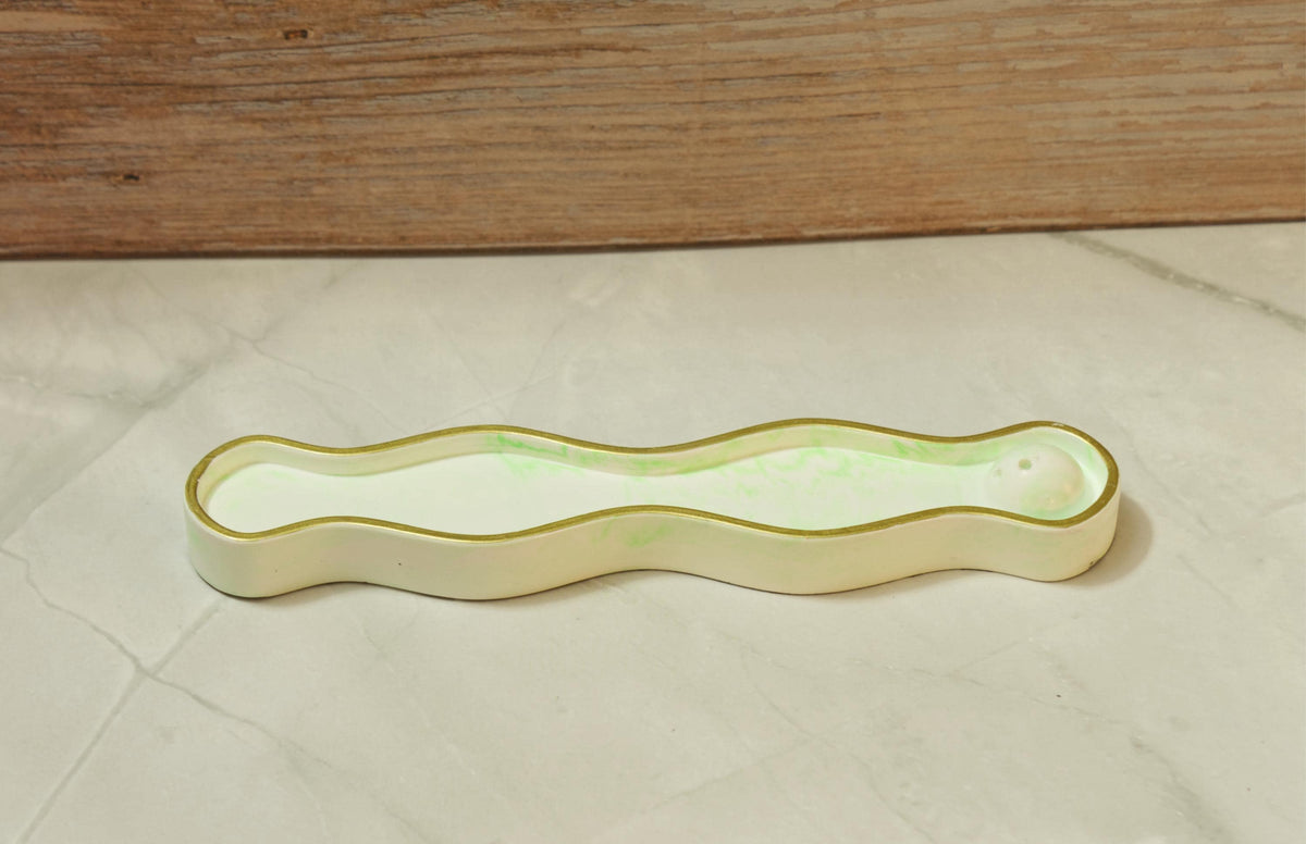 Organic Wavy Eco-resin Incense Stick Burner - Marbled Stone Ash Catcher, Modern Aromatherapy Meditation Deck - The Horizon Wave Incense Dock