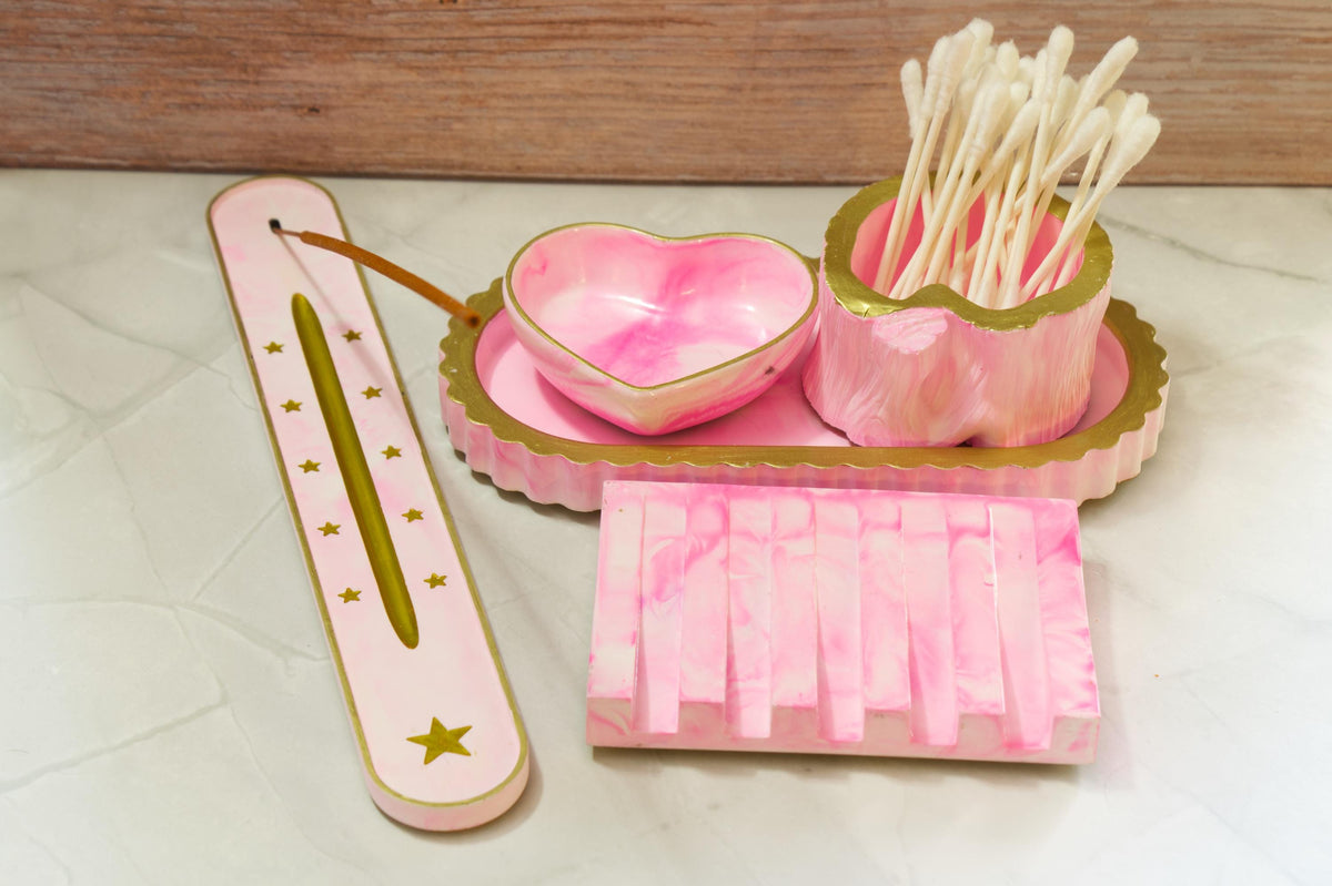 Custom Eco-Resin Vanity Set Builder - Build Your Own 5pc Bathroom Set, Pixie Meadow Collection, Swirled Pastel Cosmetic Organizer