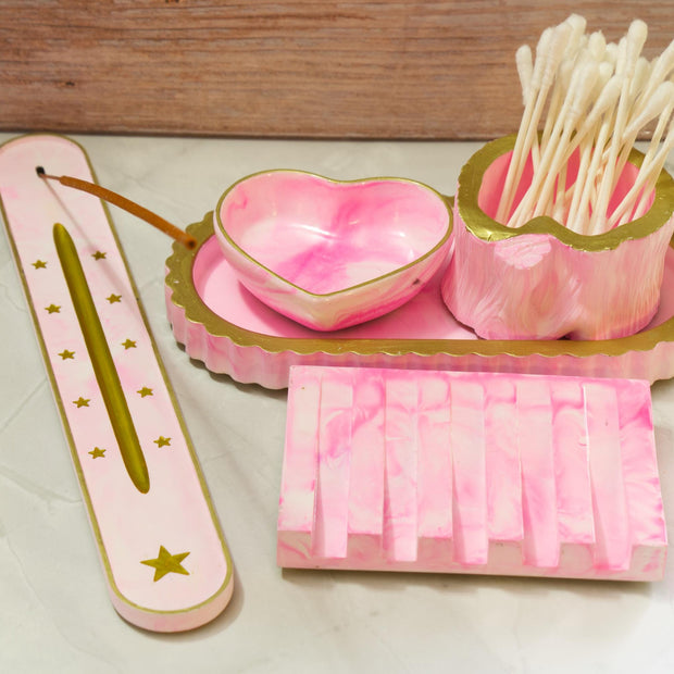Custom Eco-Resin Vanity Set Builder - Build Your Own 5pc Bathroom Set, Pixie Meadow Collection, Swirled Pastel Cosmetic Organizer