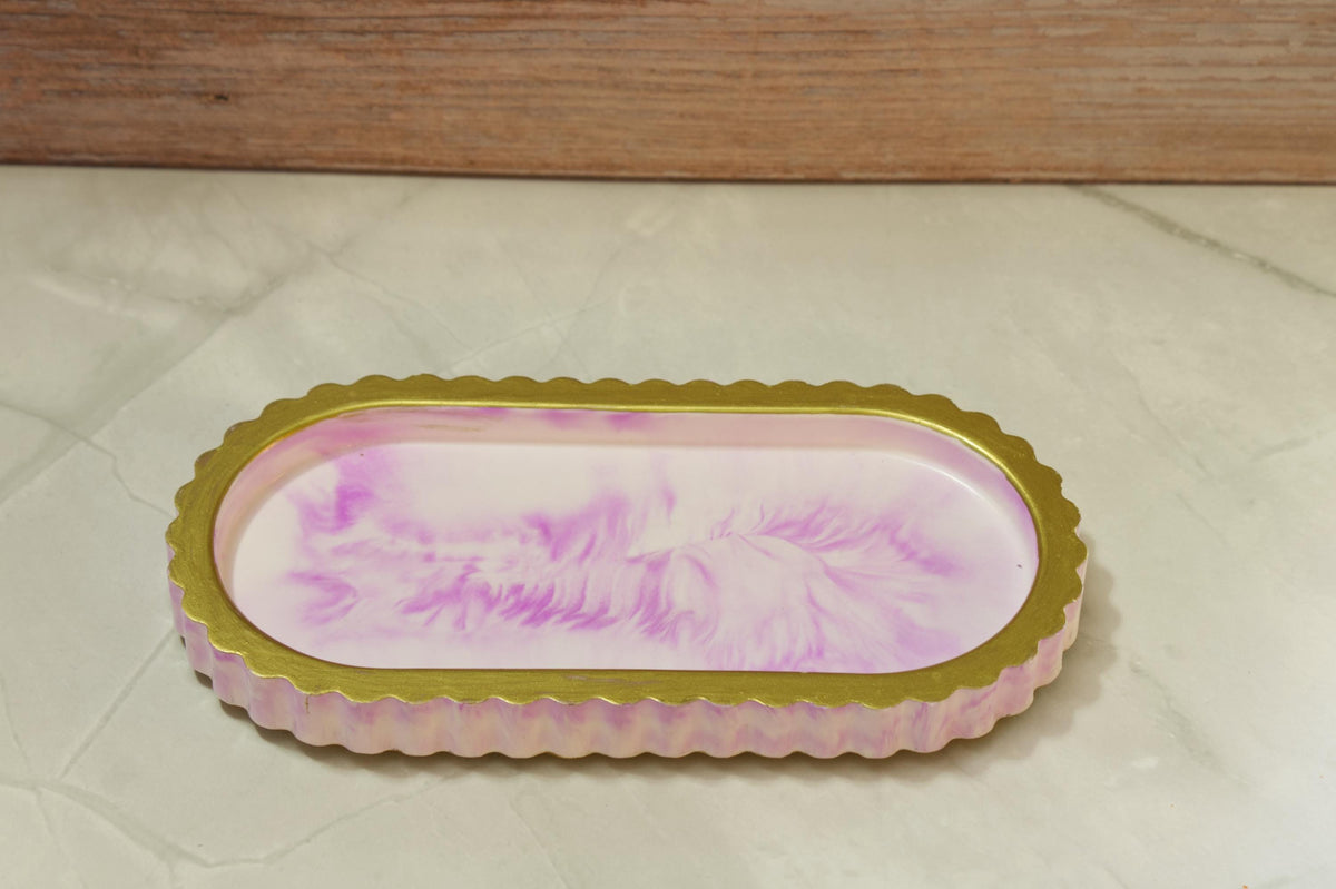 Modern Ribbed Vanity Tray - Celestial Wave Deck Eco-Resin Bathroom Countertop Organizer, Marbled Makeup Perfume Board, Sculptural Ring Plate