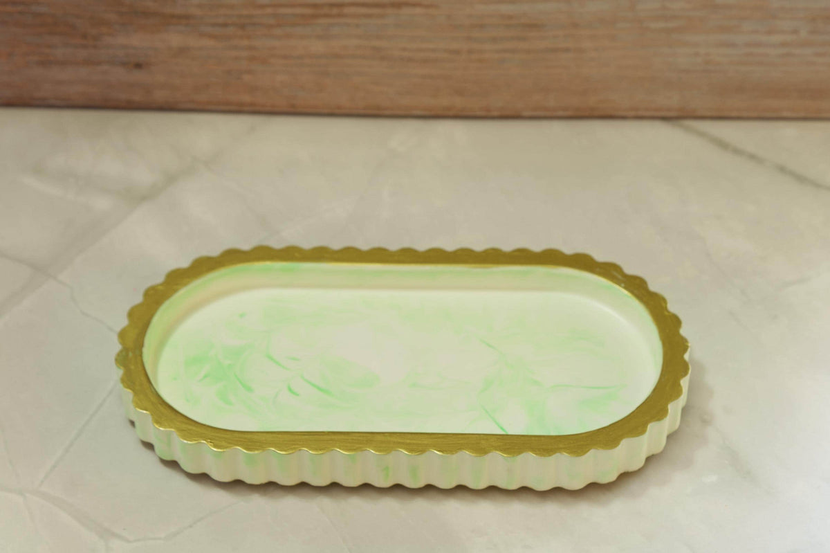Modern Ribbed Vanity Tray - Celestial Wave Deck Eco-Resin Bathroom Countertop Organizer, Marbled Makeup Perfume Board, Sculptural Ring Plate
