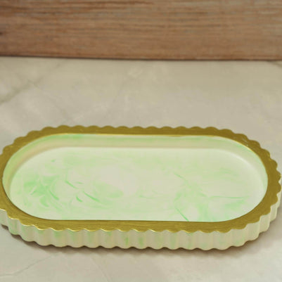Modern Ribbed Vanity Tray - Celestial Wave Deck Eco-Resin Bathroom Countertop Organizer, Marbled Makeup Perfume Board, Sculptural Ring Plate