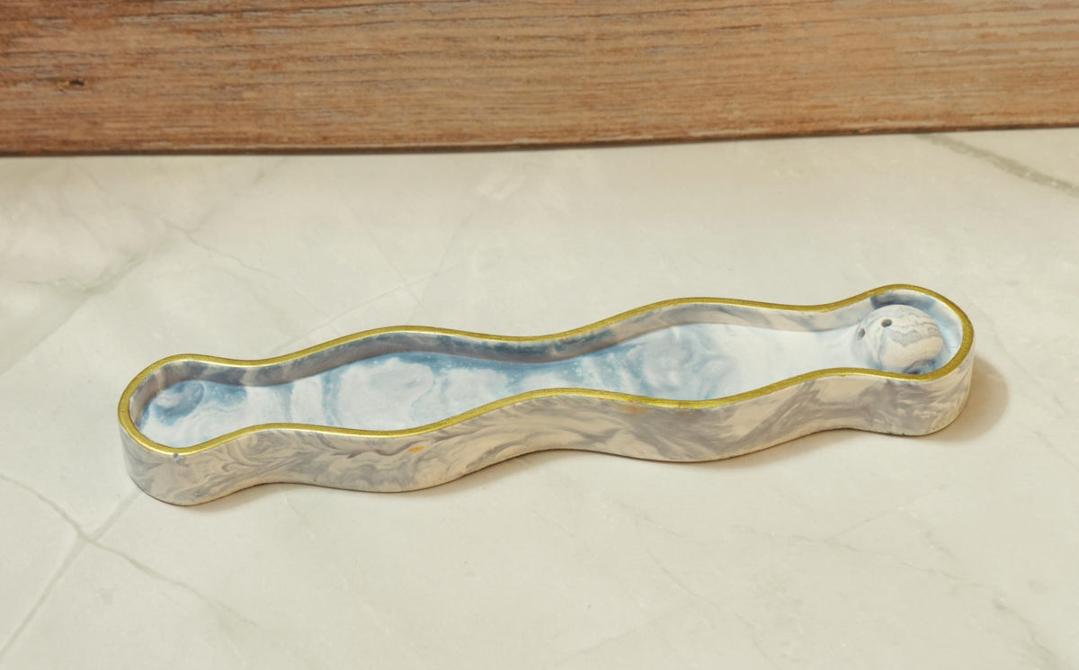 Organic Wavy Eco-resin Incense Stick Burner - Marbled Stone Ash Catcher, Modern Aromatherapy Meditation Deck - The Horizon Wave Incense Dock