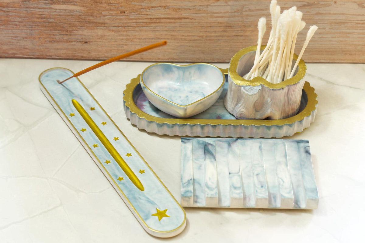 Custom Eco-Resin Vanity Set Builder - Build Your Own 5pc Bathroom Set, Pixie Meadow Collection, Swirled Pastel Cosmetic Organizer
