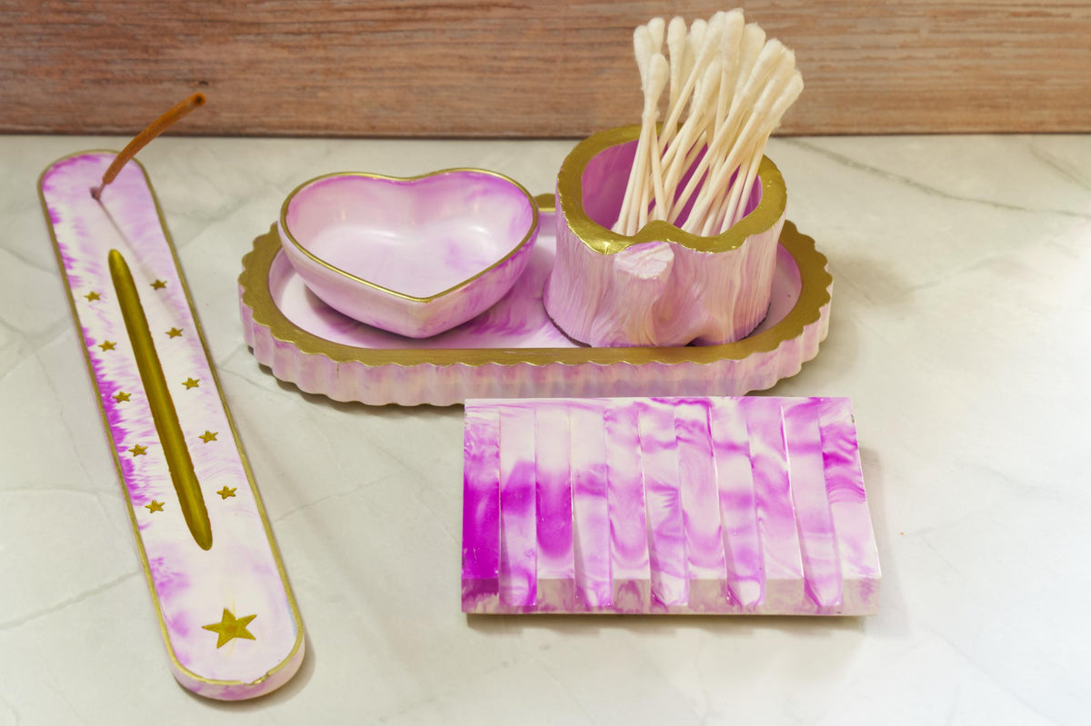 Custom Eco-Resin Vanity Set Builder - Build Your Own 5pc Bathroom Set, Pixie Meadow Collection, Swirled Pastel Cosmetic Organizer