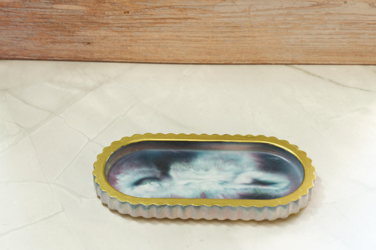 Modern Ribbed Vanity Tray - Celestial Wave Deck Eco-Resin Bathroom Countertop Organizer, Marbled Makeup Perfume Board, Sculptural Ring Plate