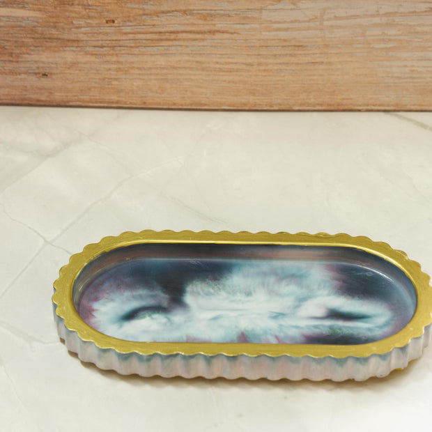 Modern Ribbed Vanity Tray - Celestial Wave Deck Eco-Resin Bathroom Countertop Organizer, Marbled Makeup Perfume Board, Sculptural Ring Plate