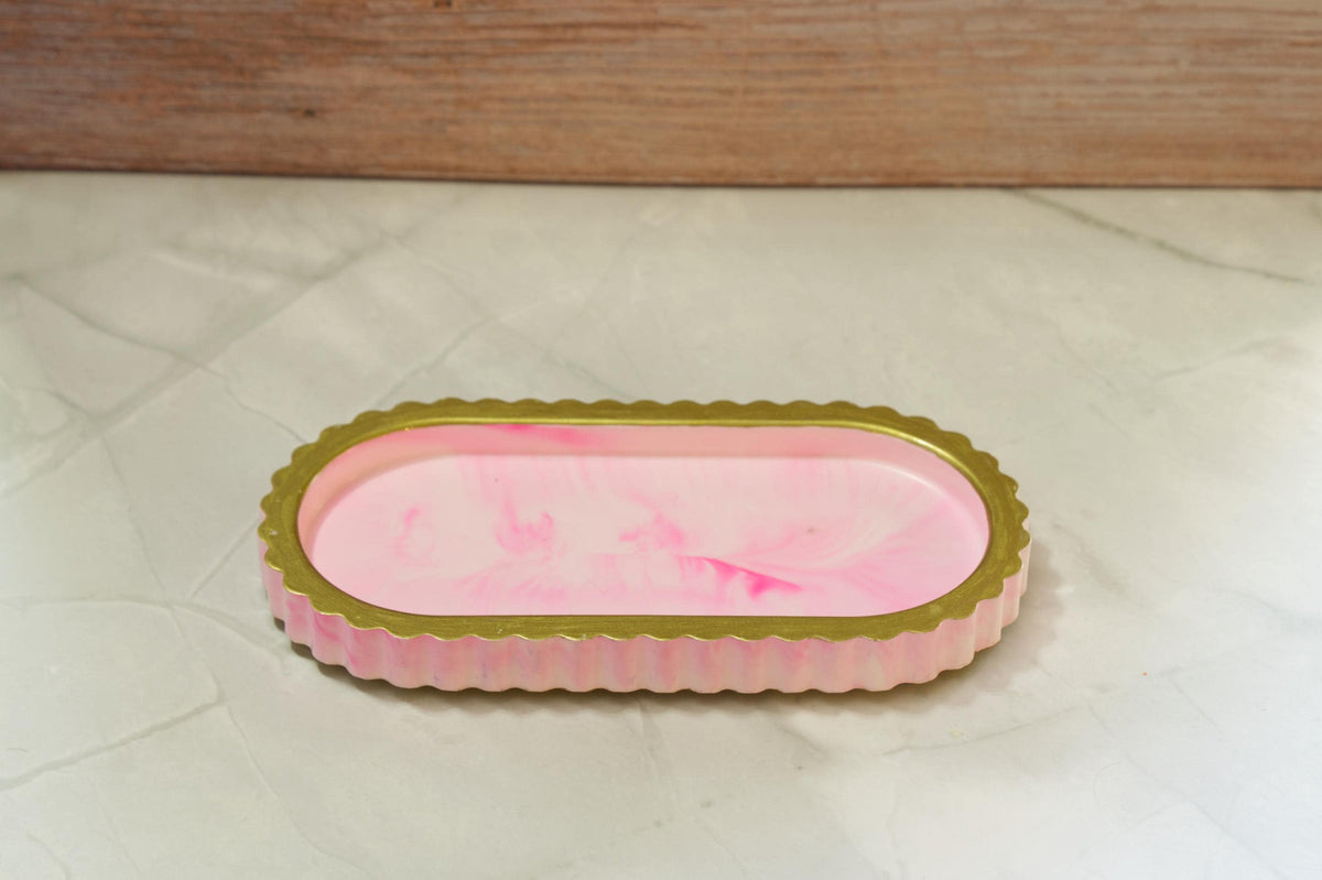 Modern Ribbed Vanity Tray - Celestial Wave Deck Eco-Resin Bathroom Countertop Organizer, Marbled Makeup Perfume Board, Sculptural Ring Plate