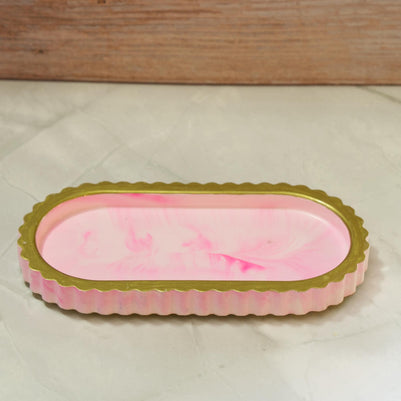 Modern Ribbed Vanity Tray - Celestial Wave Deck Eco-Resin Bathroom Countertop Organizer, Marbled Makeup Perfume Board, Sculptural Ring Plate