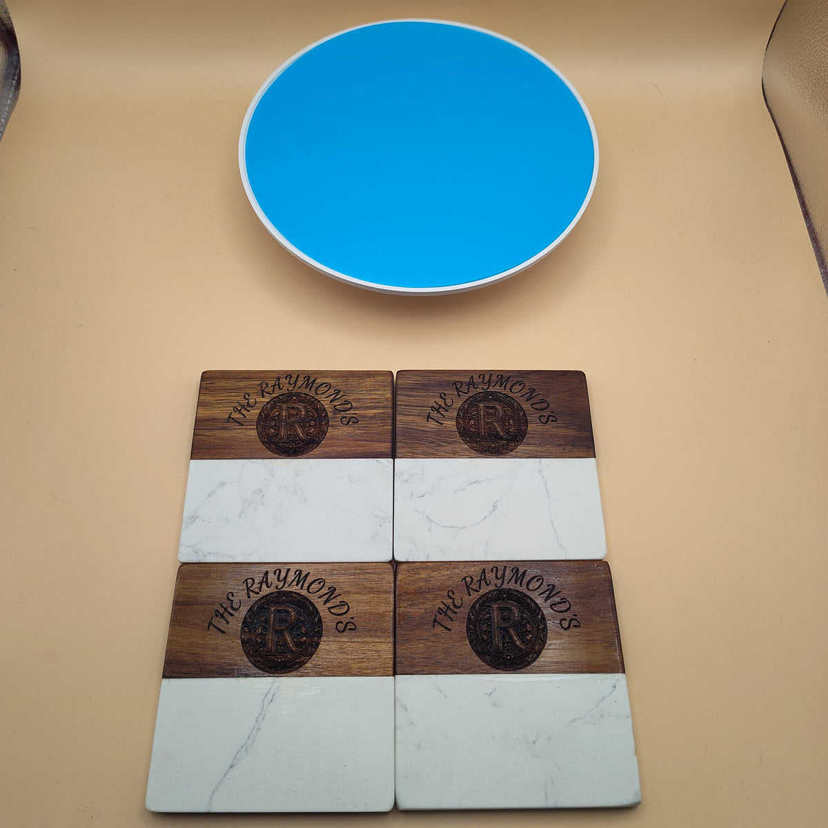 Marble and wood coaster set